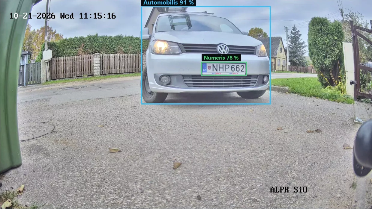 Atvykstantis automobilis – tikras kameros kadras su pateiktomis transporto ir numerio aptikimo sritimis