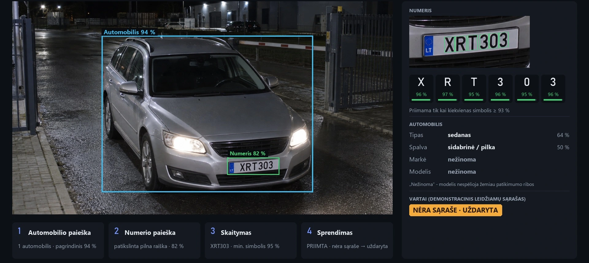 Naktis kieme: pateiktas XØRAITH transporto ir numerio atpažinimo vaizdas, numeris XRT303