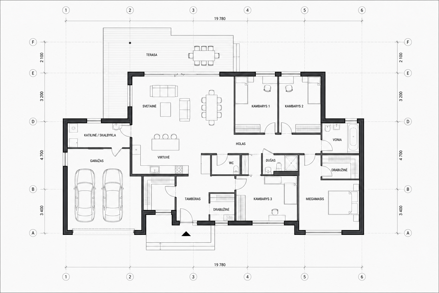 Techninis namo aukšto planas su apsaugos sistemos zonomis